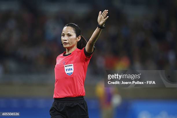 Referee Ok Ri Hyang gestures during the Women's Group G match between France and Colombia on Day -2 of the Rio2016 Olympic Games at Mineirao Stadium...
