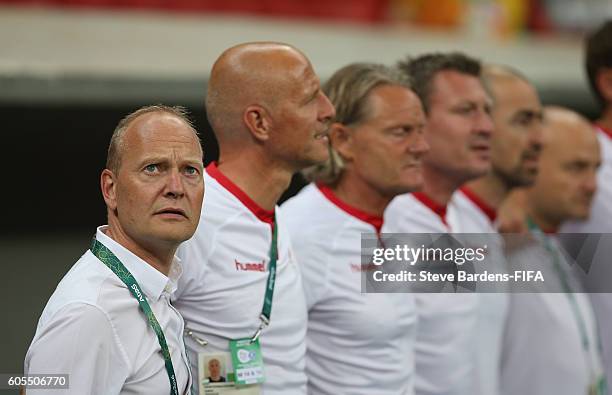 The Denmark coach Niels Frederiksen looks on prior to the Men's First Round Group A match between Denmark and South Africa on Day 2 of the Rio 2016...