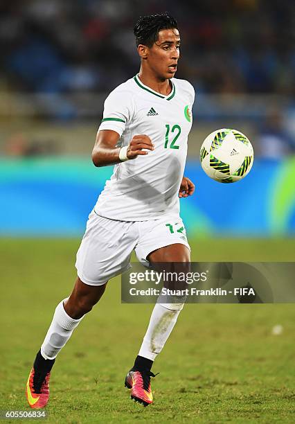 Abdelrouf Benguit of Algeria in action during the Olympic Men's Football match between Argentina and Algeria at Olympic Stadium on August 7, 2016 in...