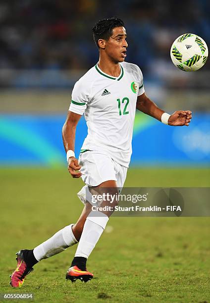 Abdelrouf Benguit of Algeria in action during the Olympic Men's Football match between Argentina and Algeria at Olympic Stadium on August 7, 2016 in...