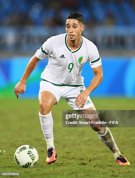 Mohammed Benkablia of Algeria in action during the Olympic Men's Football match between Argentina and Algeria at Olympic Stadium on August 7, 2016 in...