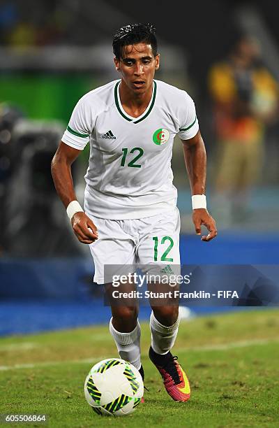 Abdelrouf Benguit of Algeria in action during the Olympic Men's Football match between Argentina and Algeria at Olympic Stadium on August 7, 2016 in...