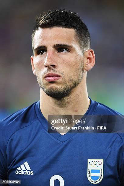 Jonathan Calleri of Argentina looks on during the Olympic Men's Football match between Argentina and Algeria at Olympic Stadium on August 7, 2016 in...