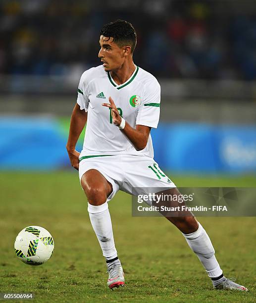 Rachid Ait-Atmane of Algeria in action during the Olympic Men's Football match between Argentina and Algeria at Olympic Stadium on August 7, 2016 in...