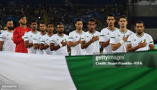 The players of Algeria line up during the Olympic Men's Football match between Argentina and Algeria at Olympic Stadium on August 7, 2016 in Rio de...