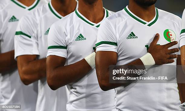 The players of Algeria line up during the Olympic Men's Football match between Argentina and Algeria at Olympic Stadium on August 7, 2016 in Rio de...