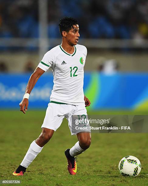 Abdelrouf Benguit of Algeria in action during the Olympic Men's Football match between Argentina and Algeria at Olympic Stadium on August 7, 2016 in...