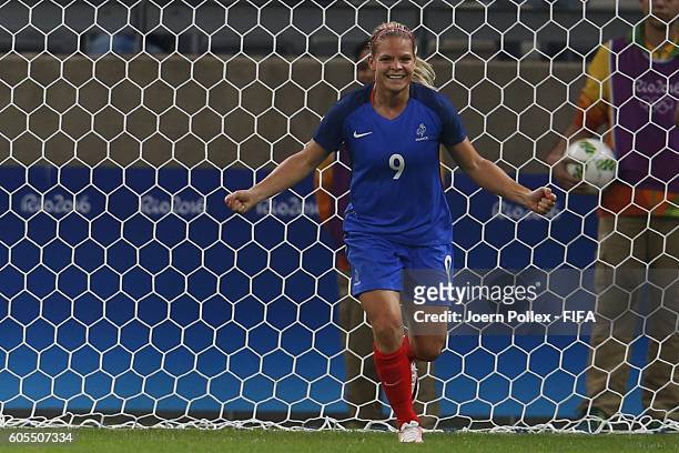 Eugenie le Sommer of France celebrates after scoring her team's second goal during Women's Group G match between France and Colombia on Day -2 of the...