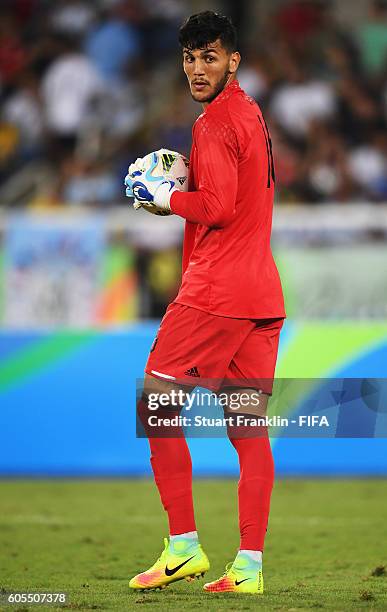 Farid Chaal of Algeria in action during the Olympic Men's Football match between Argentina and Algeria at Olympic Stadium on August 7, 2016 in Rio de...