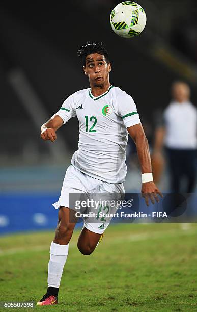 Abdelrouf Benguit of Algeria in action during the Olympic Men's Football match between Argentina and Algeria at Olympic Stadium on August 7, 2016 in...