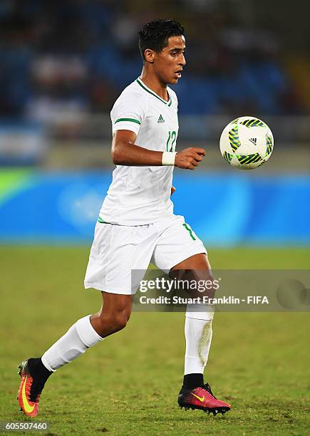 Abdelrouf Benguit of Algeria in action during the Olympic Men's Football match between Argentina and Algeria at Olympic Stadium on August 7, 2016 in...