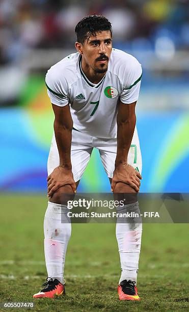 Baghdad Bounedjah of Algeria looks dejected during the Olympic Men's Football match between Argentina and Algeria at Olympic Stadium on August 7,...