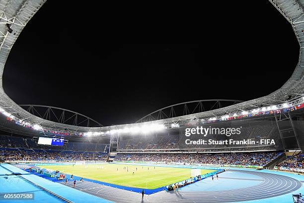 An overview of the Olympic stadium during the Olympic Men's Football match between Argentina and Algeria at Olympic Stadium on August 7, 2016 in Rio...