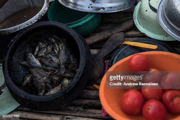 The Majawa family's small portion of fish and tomatoes, needed to feed eight people sits on a table at their home in the village of Masale, which...