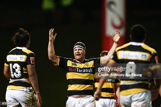 Mitchell Graham of Taranaki celebrates with teammates after winning the round five Mitre 10 Cup match between Counties Manukau and Taranaki at...