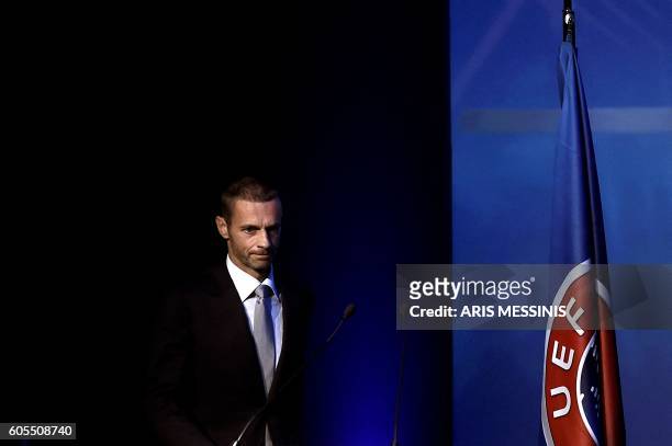 S newly elected president, Slovenian Aleksander Ceferin, is pictured during the 12th Extraordinary UEFA congress in Lagonissi, some 40 kilometers...