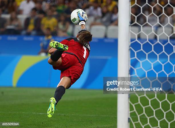 Australian goalkeeper Lydia Williams makes a save during the Women's First Round Group F match between Germany and Australia on Day 1 of the Rio 2016...