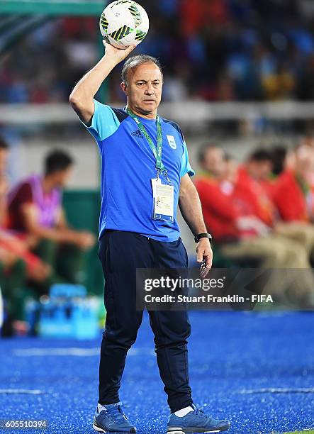 Julio Olarticoechea, head coach of Argentina shouts during the Olympic Men's Football match between Portugal and Argentina at Olympic Stadium on...