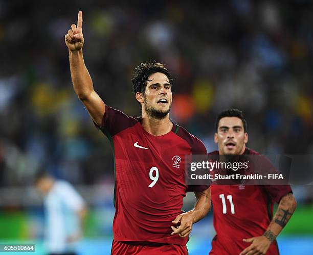 Paciencia of Portugal celebrates scoring his goal during the Olympic Men's Football match between Portugal and Argentina at Olympic Stadium on August...