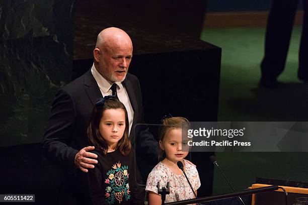 Before assuming his duties as President of the United Nations 71st General Assembly, Peter Thomson, joined at the podium by his two granddaughters,...