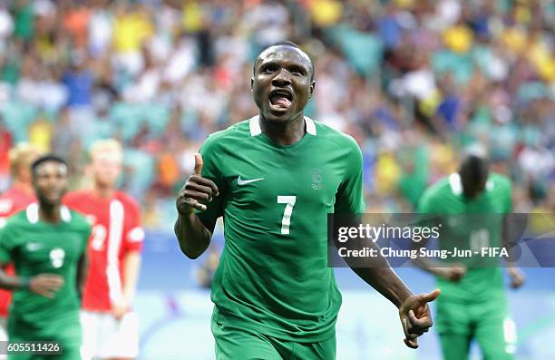 Aminu Umar of Nigeria celebrates after scoring a goal during the Men's Football Quarter Final match between Nigeria and Denmark on Day 8 of the Rio...