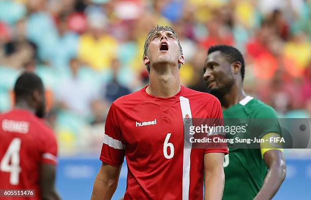 Andreas Maxso of Denmark reacts during the Men's Football Quarter Final match between Nigeria and Denmark on Day 8 of the Rio 2016 Olympic Games at...