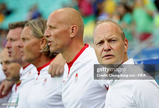 Niels Frederiksen, head coach of Denmark looks on during the Men's Football Quarter Final match between Nigeria and Denmark on Day 8 of the Rio 2016...