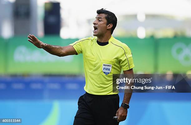 Referee Sandro Ricci reacts during the Men's Football Quarter Final match between Nigeria and Denmark on Day 8 of the Rio 2016 Olympic Games at Arena...