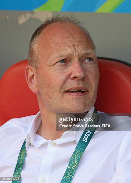 The Denmark Coach Niels Frederiksen looks on prior to the Men's First Round Group A match between Iraq and Denmark at Mane Garrincha Stadium on...