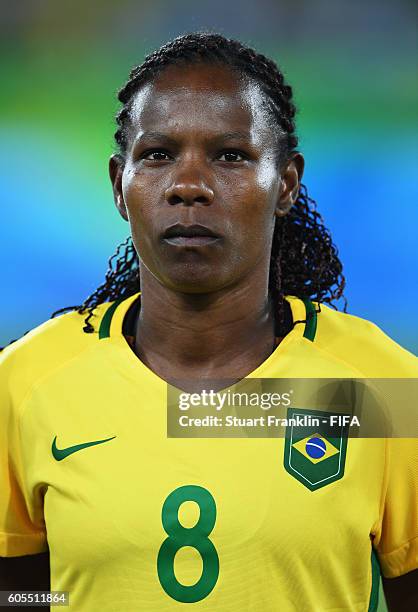 Formiga of Brazil looks on during the Olympic Women's Football match between Brazil and Sweden at Olympic Stadium on August 6, 2016 in Rio de...