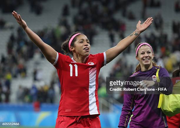 Desiree Scott of Canada celebrates after Canada defeated France during the Women's Football Quarter Final match between Canada and France on Day 7 of...
