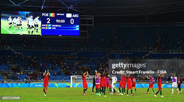 The players of Portugal celebrate at the end of the Olympic Men's Football match between Portugal and Argentina at Olympic Stadium on August 4, 2016...