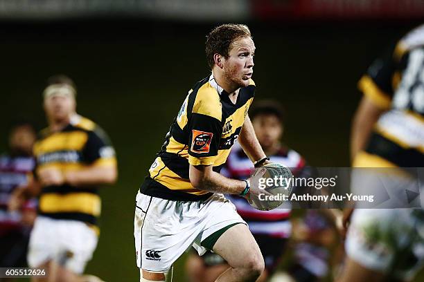 Marty McKenzie of Taranaki runs the ball during the round five Mitre 10 Cup match between Counties Manukau and Taranaki at ECOLight Stadium on...