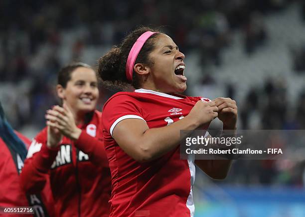 Desiree Scott of Canada celebrates after Canada defeated France during the Women's Football Quarter Final match between Canada and France on Day 7 of...