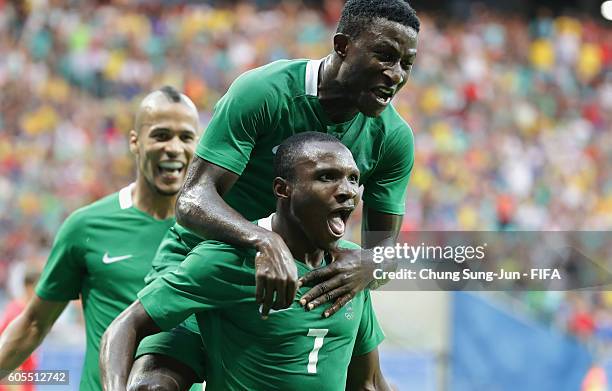 Aminu Umar of Nigeria celebrates after scoring a goal during the Men's Football Quarter Final match between Nigeria and Denmark on Day 8 of the Rio...