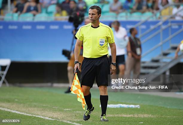 Assistant referee looks on during the Men's Football Quarter Final match between Nigeria and Denmark on Day 8 of the Rio 2016 Olympic Games at Arena...