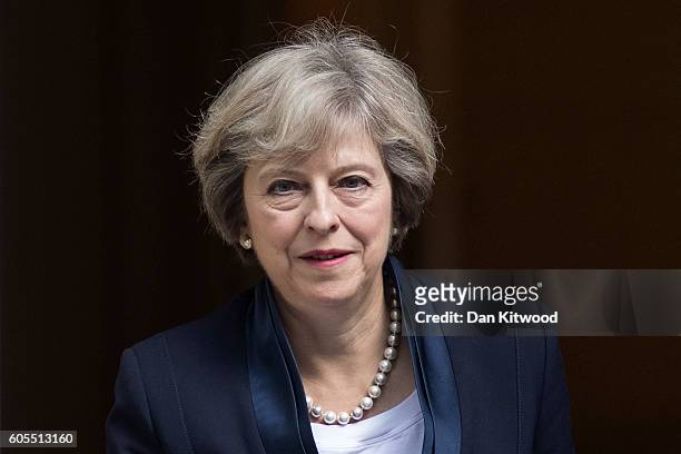 British Prime Minister Theresa May leaves 10 Downing Street to attend the weekly Prime Ministers Questions on September 14, 2016 in London, England....