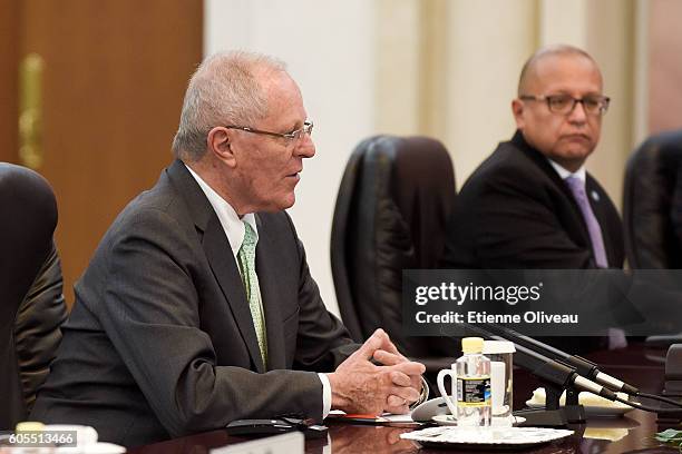 President Pedro Pablo Kuczynski speaks during his meeting with Chinese Premier Li Keqiang at the Great Hall of the People on September 14, 2016 in...