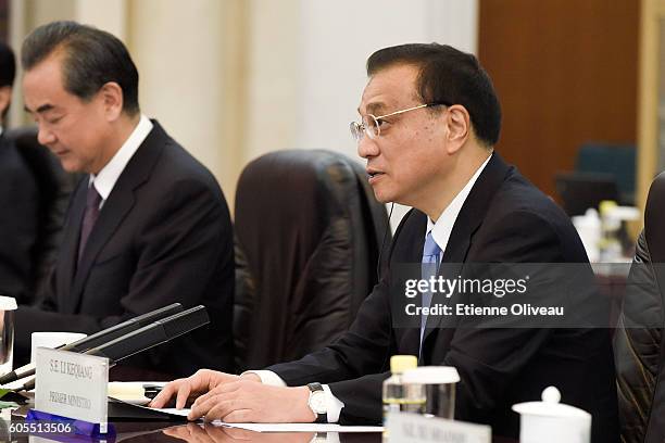 Chinese Premier Li Keqiang speaks during his meeting with Peruvian President Pedro Pablo Kuczynski at the Great Hall of the People on September 14,...