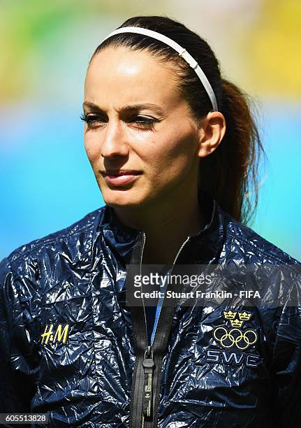 Kosovare Asllani of Sweden looks on during the Olympic Womens Semi Final Football match between Brazil and Sweden at Maracana Stadium on August 16,...