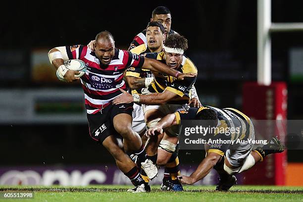 Sione Anga'aelangi of Counties Manukau on the charge during the round five Mitre 10 Cup match between Counties Manukau and Taranaki at ECOLight...