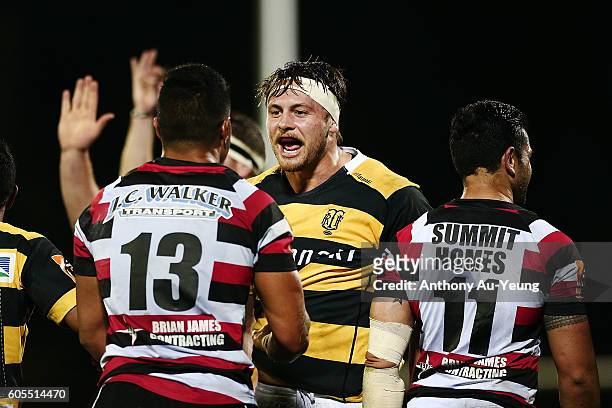 Mitchell Brown of Taranaki gets in the face of Sam Vaka of Counties Manukau after forcing a turnover during the round five Mitre 10 Cup match between...