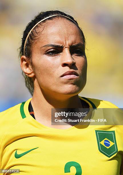 Tamires of Brazil looks on during the Olympic Womens Semi Final Football match between Brazil and Sweden at Maracana Stadium on August 16, 2016 in...