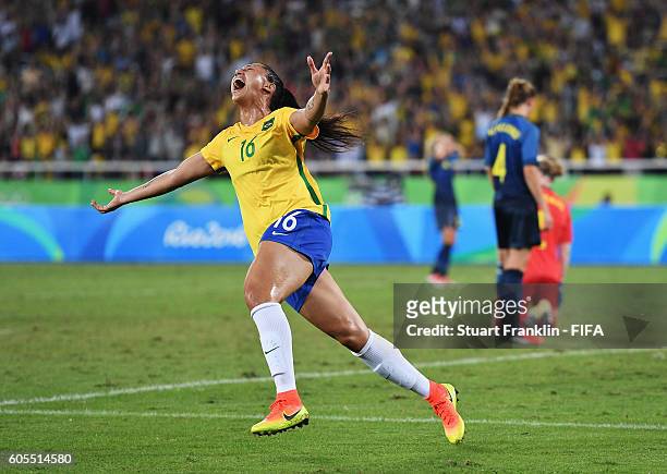 Beatriz of Brazil celebrates scoring her goal during the Olympic Women's Football match between Brazil and Sweden at Olympic Stadium on August 6,...