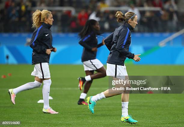 France warm up prior to the Women's Football Quarter Final match between Canada and France on Day 7 of the Rio 2016 Olympic Games at Arena...