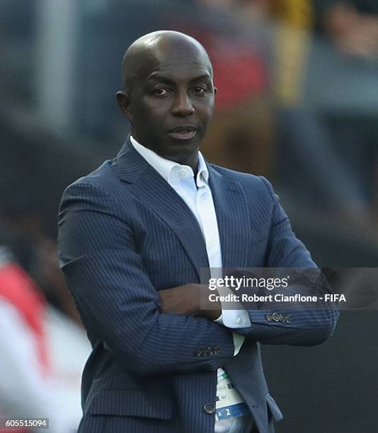 Nigerian coach Samson Siasia looks on during the Men's Football Semi Final between Nigeria and Germany on Day 12 of the Rio 2016 Olympic Games at...