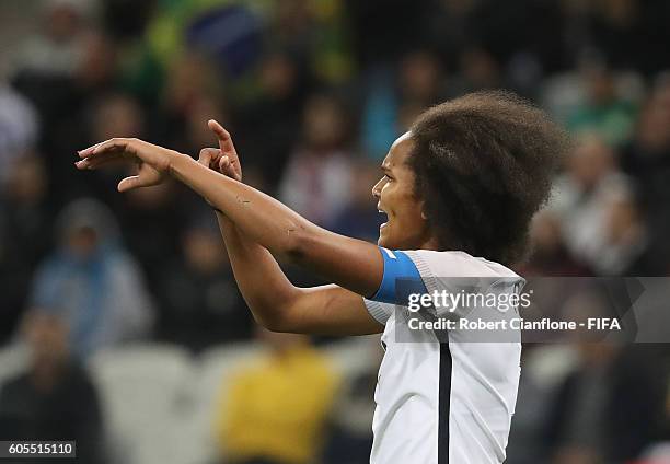 Wendie Renard of france gestures during the Women's Football Quarter Final match between Canada and France on Day 7 of the Rio 2016 Olympic Games at...