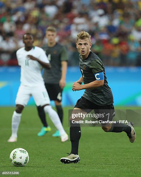Maximilian Meyer of Germany runs with the ball during the Men's Football Semi Final between Nigeria and Germany on Day 12 of the Rio 2016 Olympic...