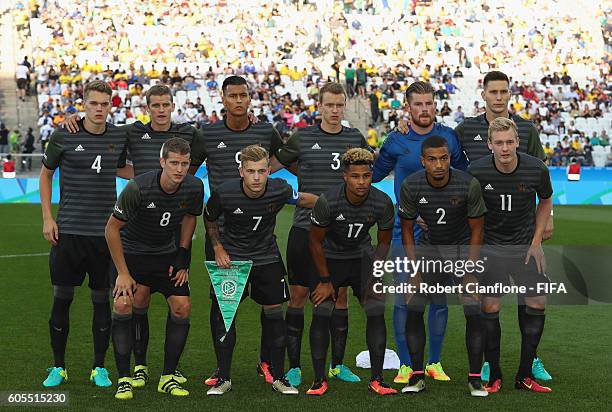 Germany line up for the Men's Football Semi Final between Nigeria and Germany on Day 12 of the Rio 2016 Olympic Games at Arena Corinthians on August...