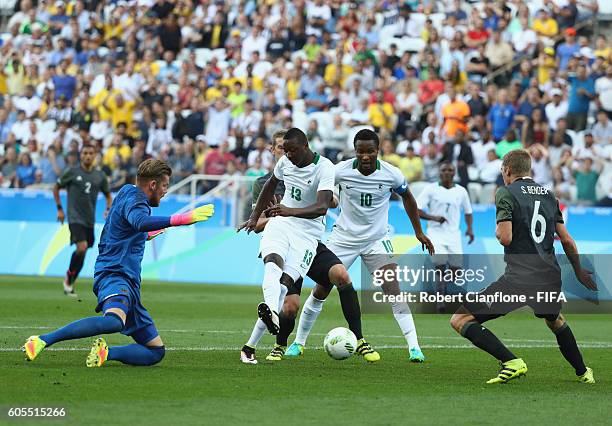 Sadiq Umar of Nigeria attempts a shot on goal during the Men's Football Semi Final between Nigeria and Germany on Day 12 of the Rio 2016 Olympic...